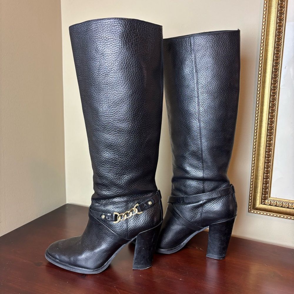 Kate Spade Montreal Black Leather Chain Link Tall 4" Heeled Boots Size 10 - Picture 2 of 15